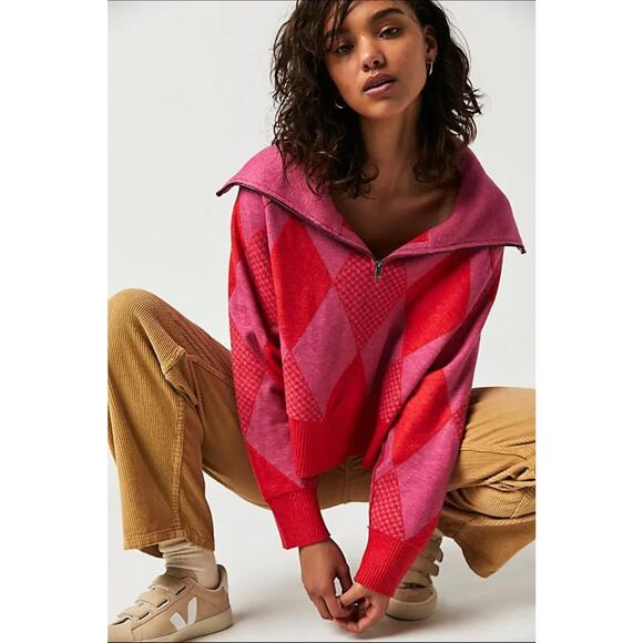 Free People Lucy Half Zip Pullover sweater collared pink red argyle - Picture 1 of 8